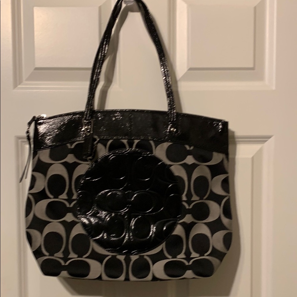 Coach Black and Gray Signature Tote with Patent Leather Accents
